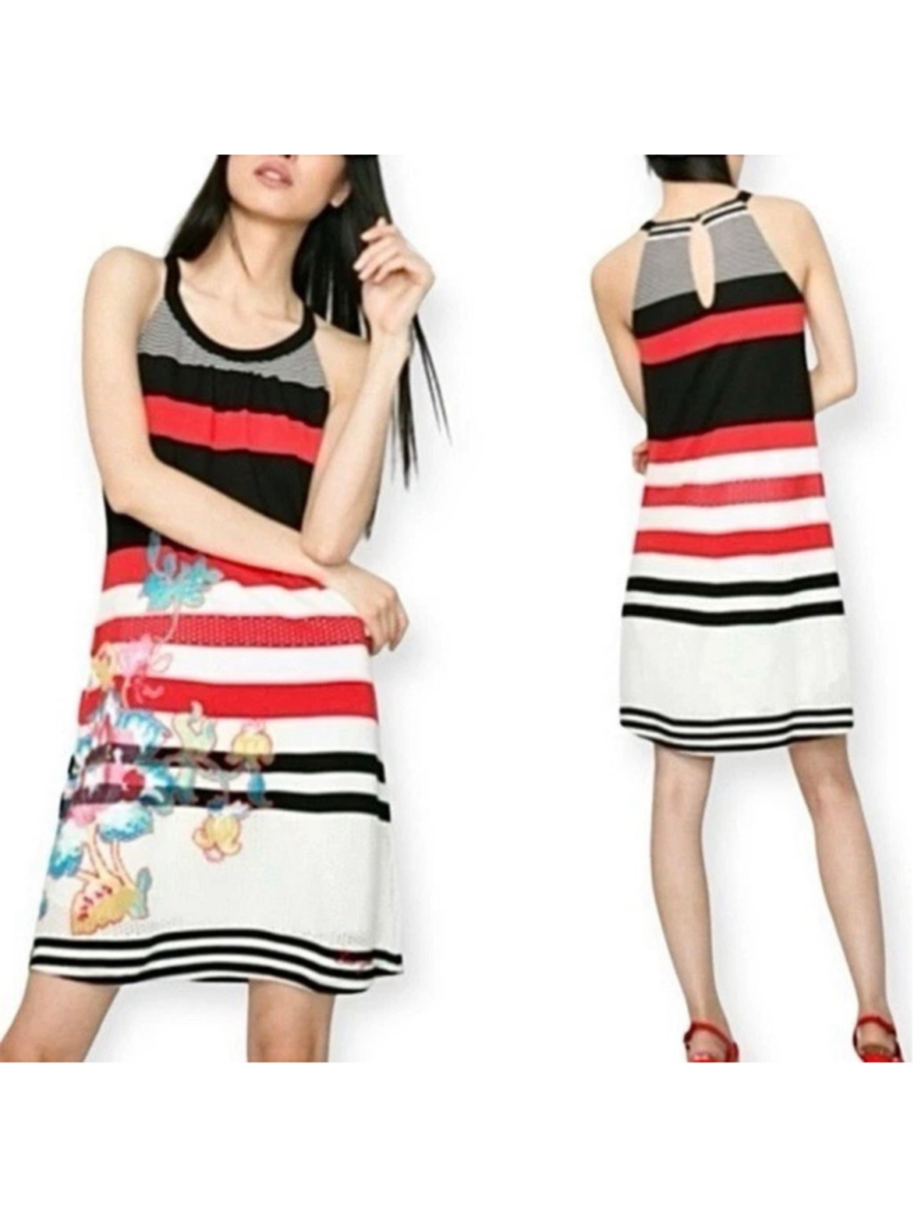 Desigual Floral Multi-Stripe Shift Dress Womens Size Medium Trapeze Halter